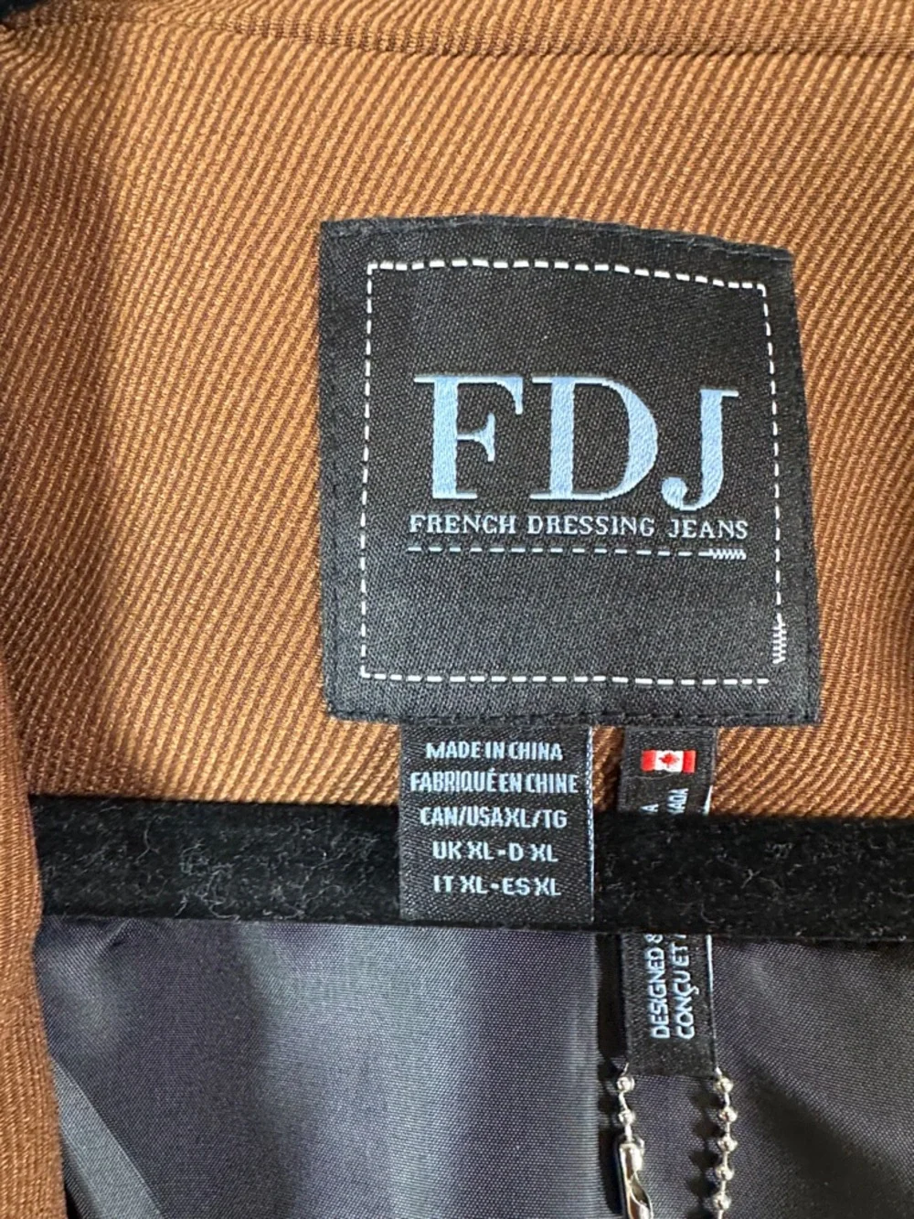FDJ Brown Wool Blend Varsity Jacket Black Faux Leather Sleeves Preppy Chic XL - Picture 4 of 16